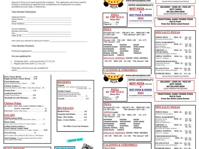 Abruzzo's Pizza Menu