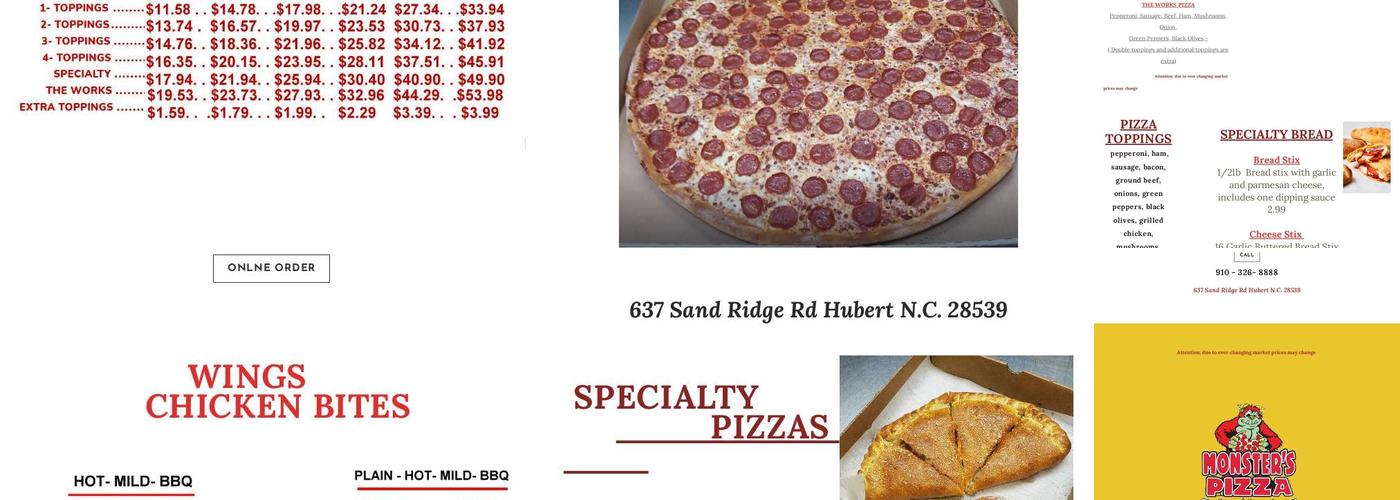 Monster's Pizza Menu