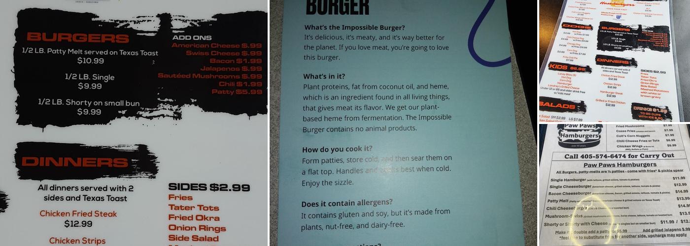 Paw Paw's Hamburgers Menu