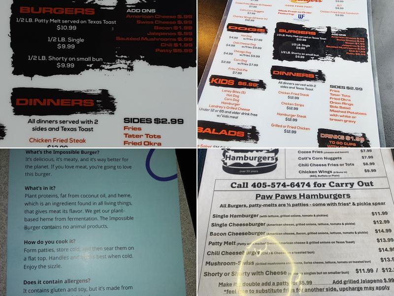 Paw Paw's Hamburgers Menu