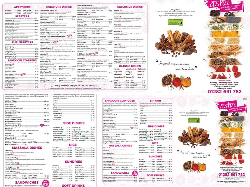 Asha Takeaway Brierfield Menu