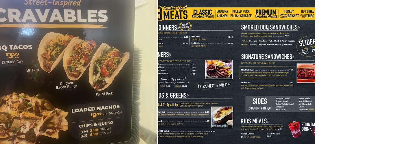 Billy Sims BBQ Menu