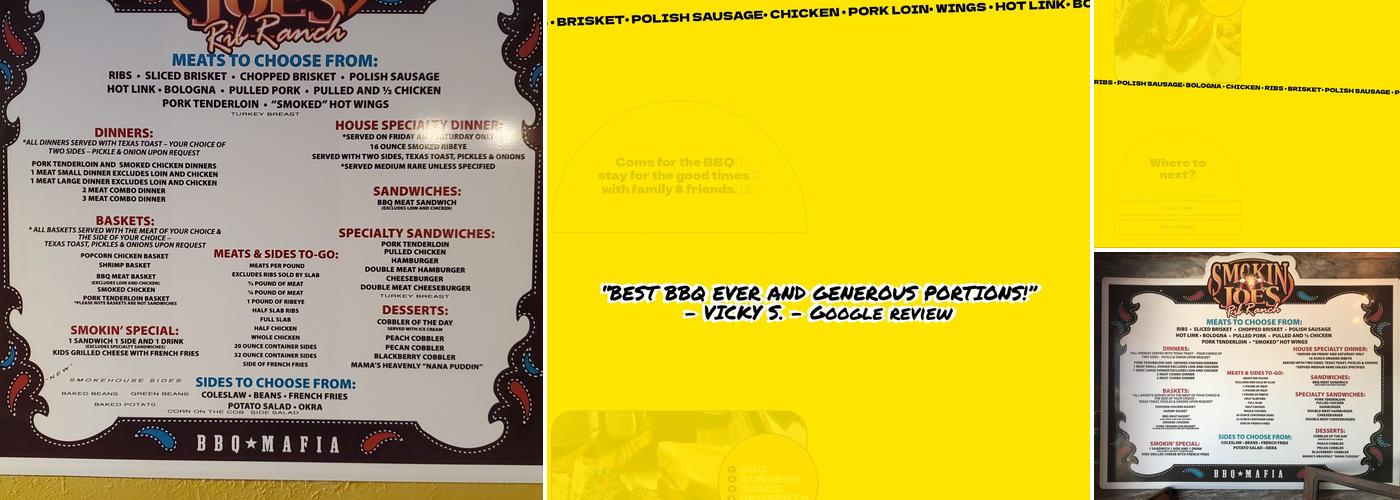 Smokin’ Joe`s Rib Ranch Rush Springs Menu