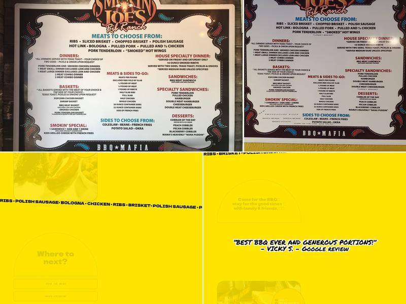 Smokin’ Joe`s Rib Ranch Rush Springs Menu