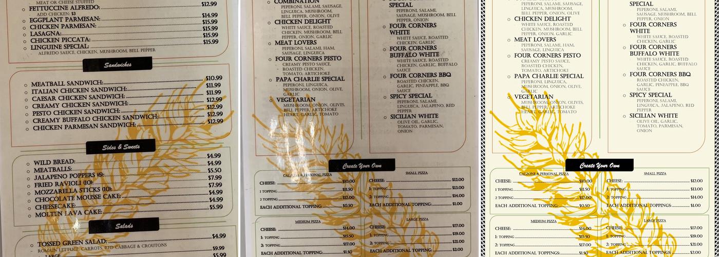 Four Corners Pizza-N-Pasta Menu