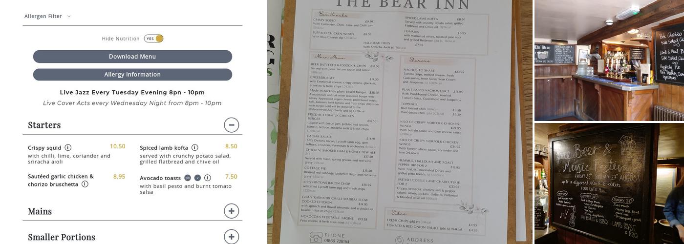The Bear Inn, Oxford Menu