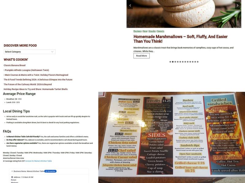 Mama's Kitchen Table Menu
