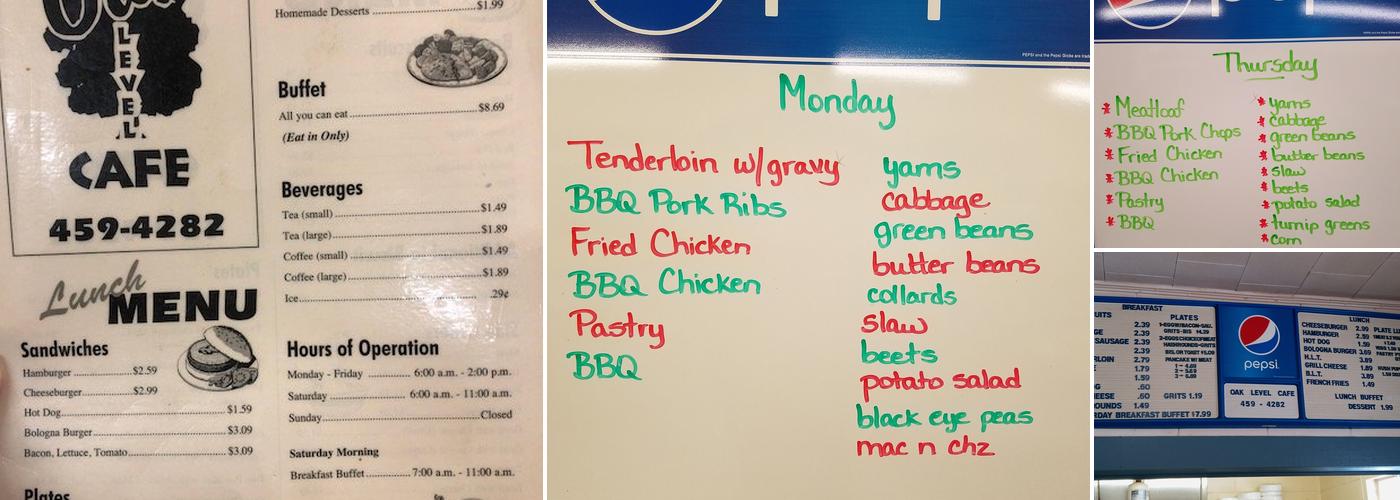 Oak Level Cafe Menu
