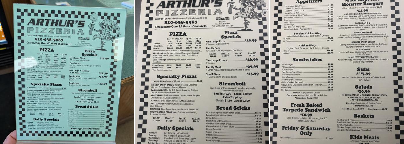 Arthur's Pizzeria Menu