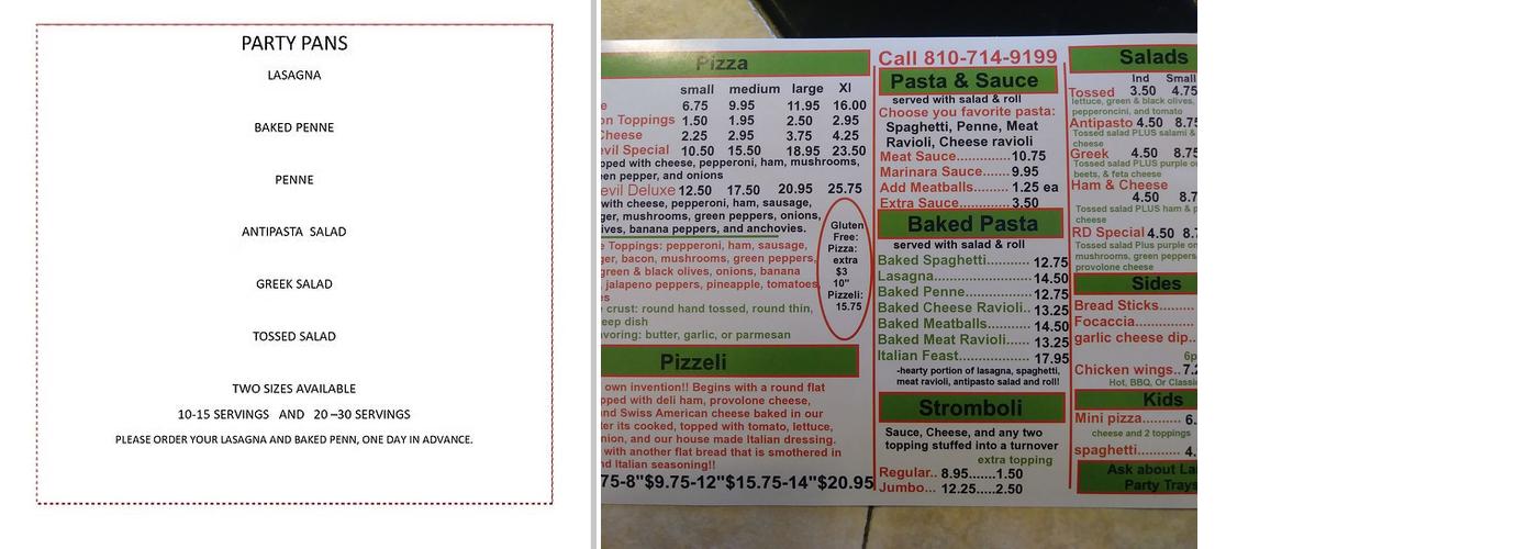 Red Devil Pizzeli & Pizza Menu