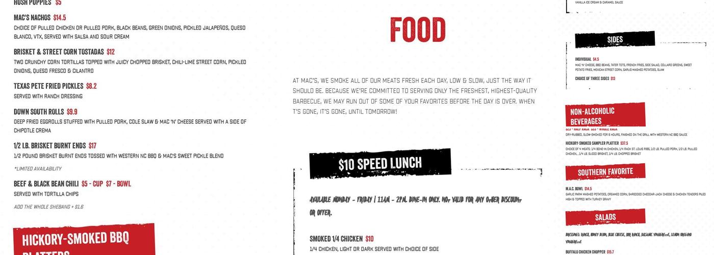 Mac's Speed Shop Menu