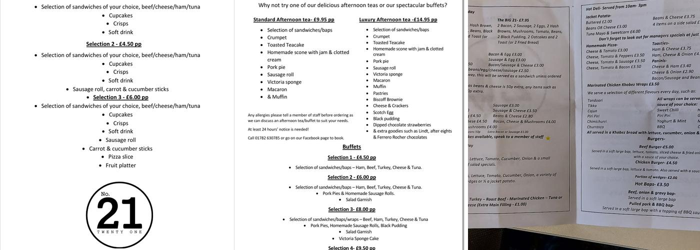 No.21 Cafe and Sandwich Bar Menu