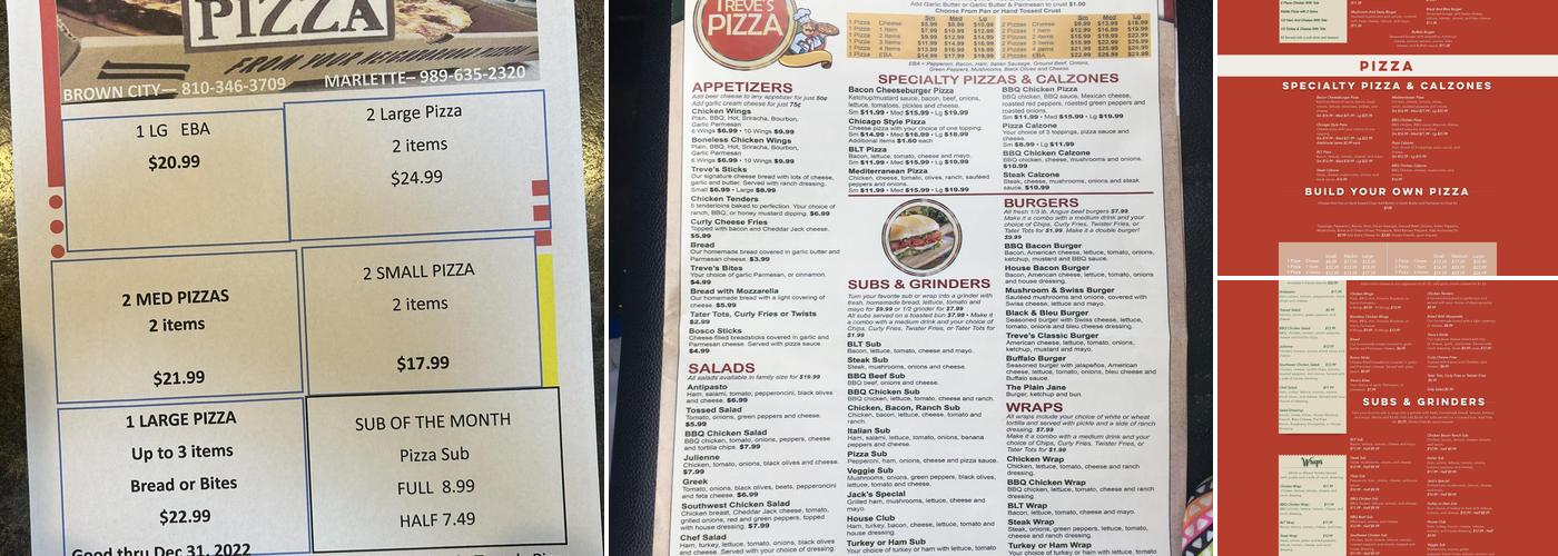 Treve's Pizza Menu