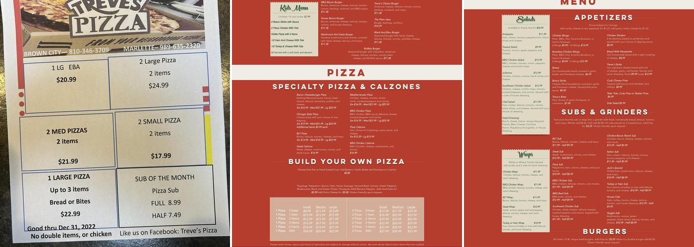 Treve's Pizza Menu