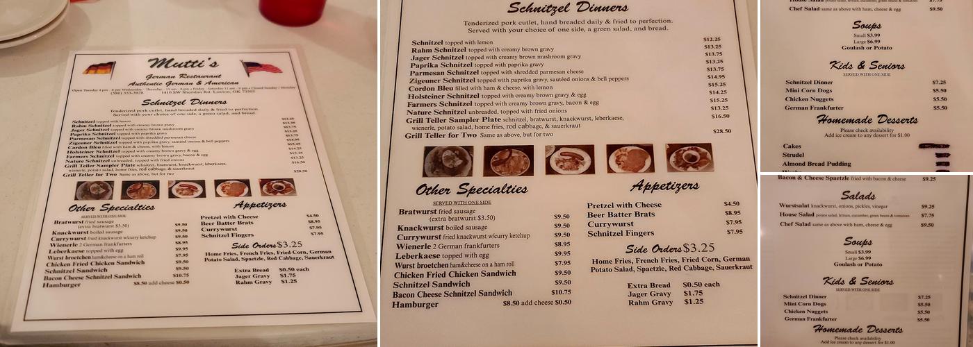Mutti's German Restaurant Menu