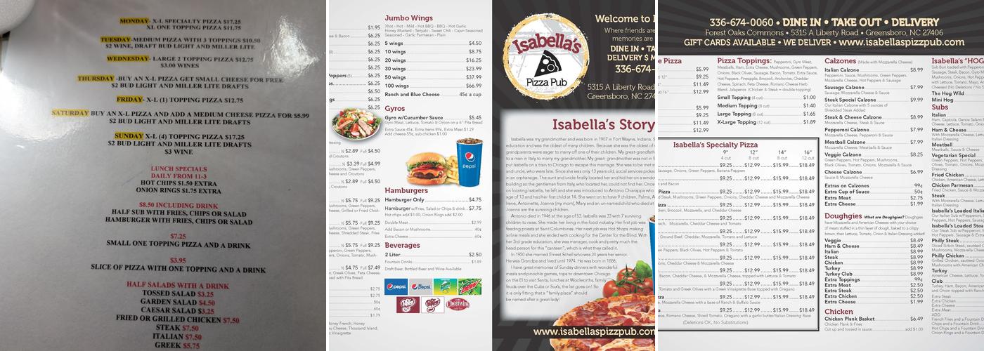 Isabella's Pizza Pub Menu
