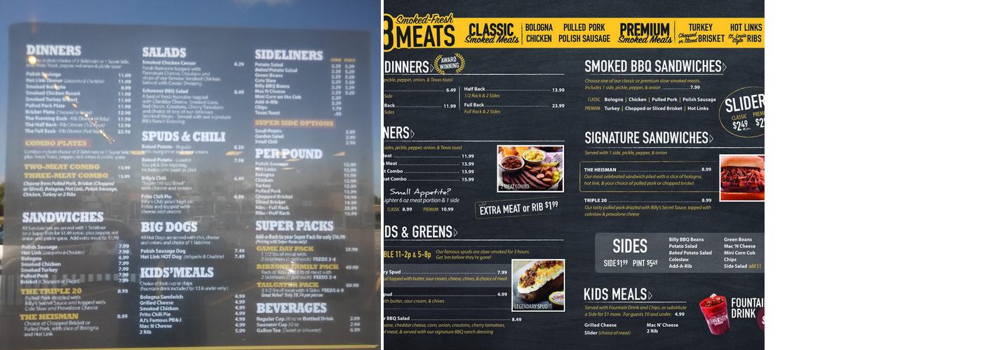 Billy Sims BBQ Menu