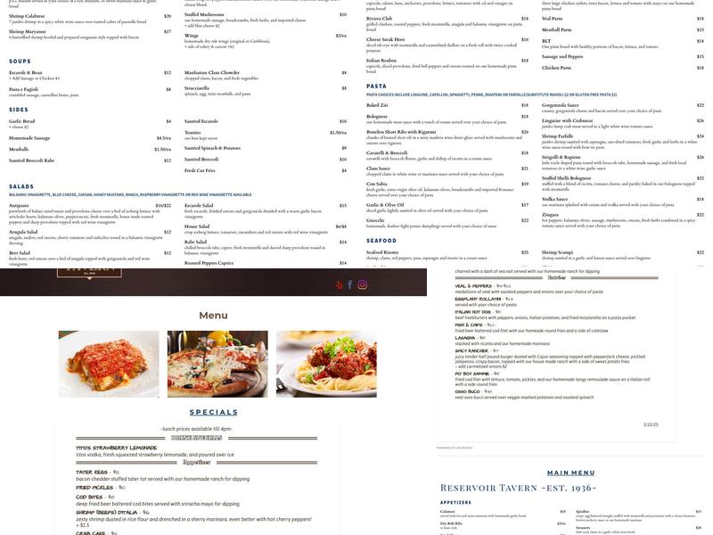 Reservoir Tavern Menu