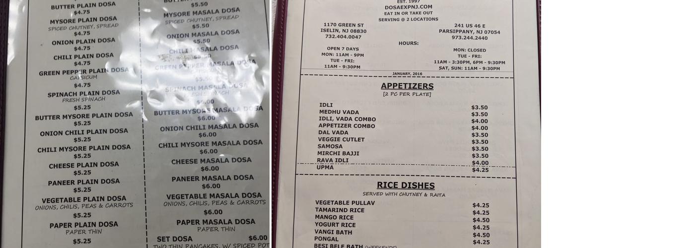 Dosa Express Menu