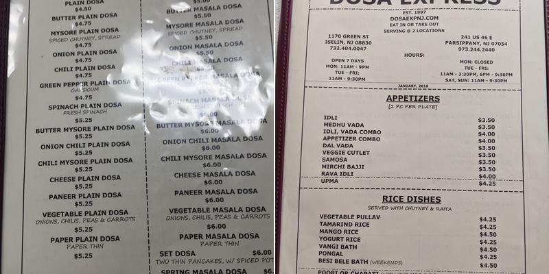Dosa Express Menu