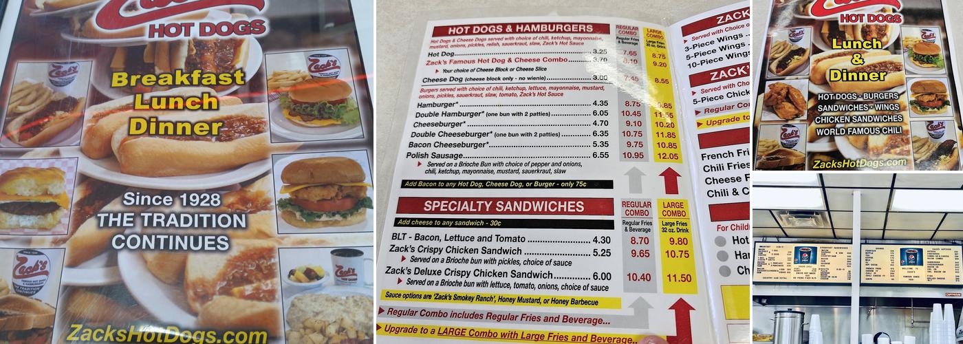 Zack's Hot Dogs Menu