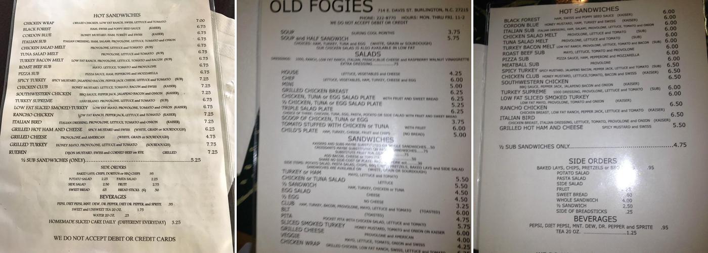 Old Fogies Menu