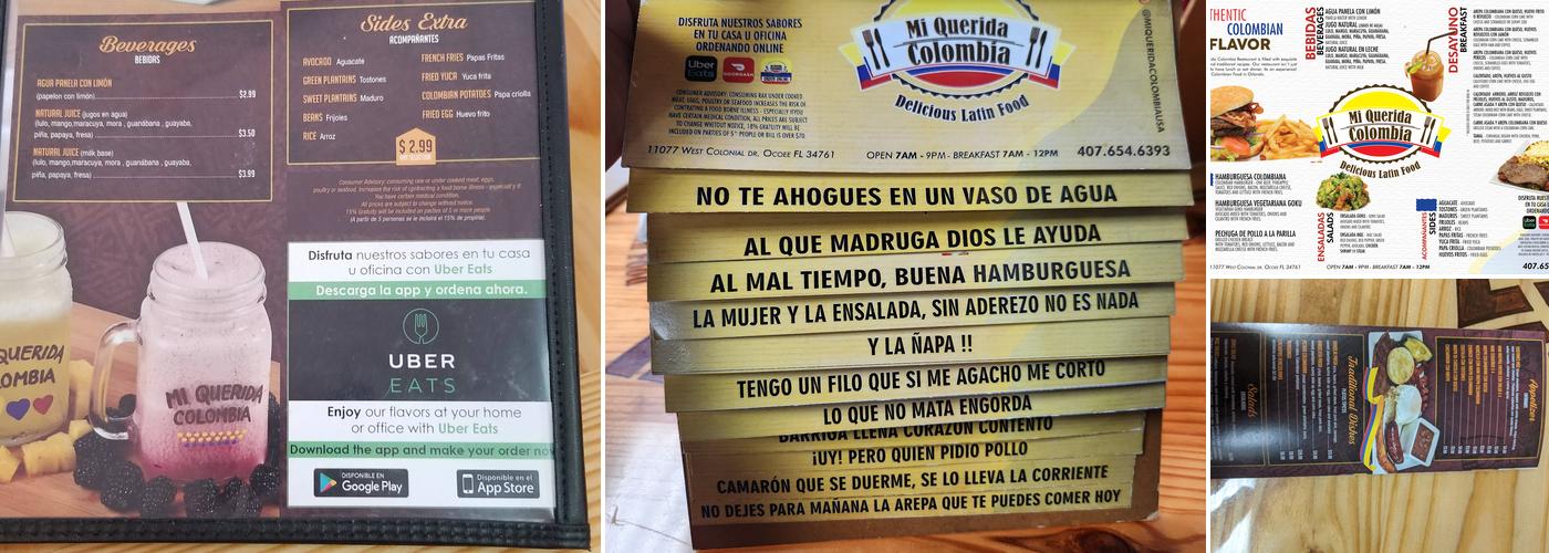 Mi Querida Colombia Restaurant and Bakery Menu