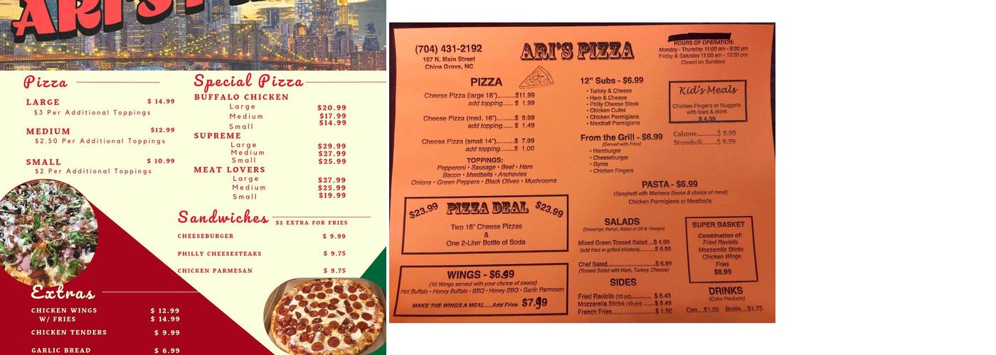 Ari's pizza Menu