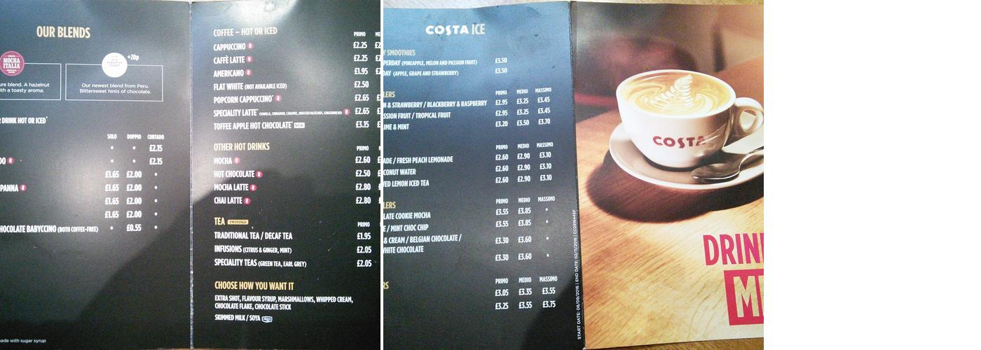 Costa Coffee Menu