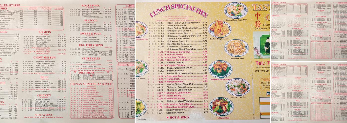 Taste of China Menu