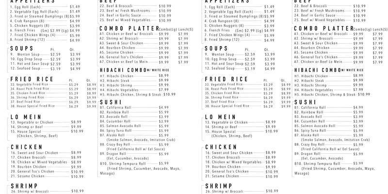 China Buffet Menu