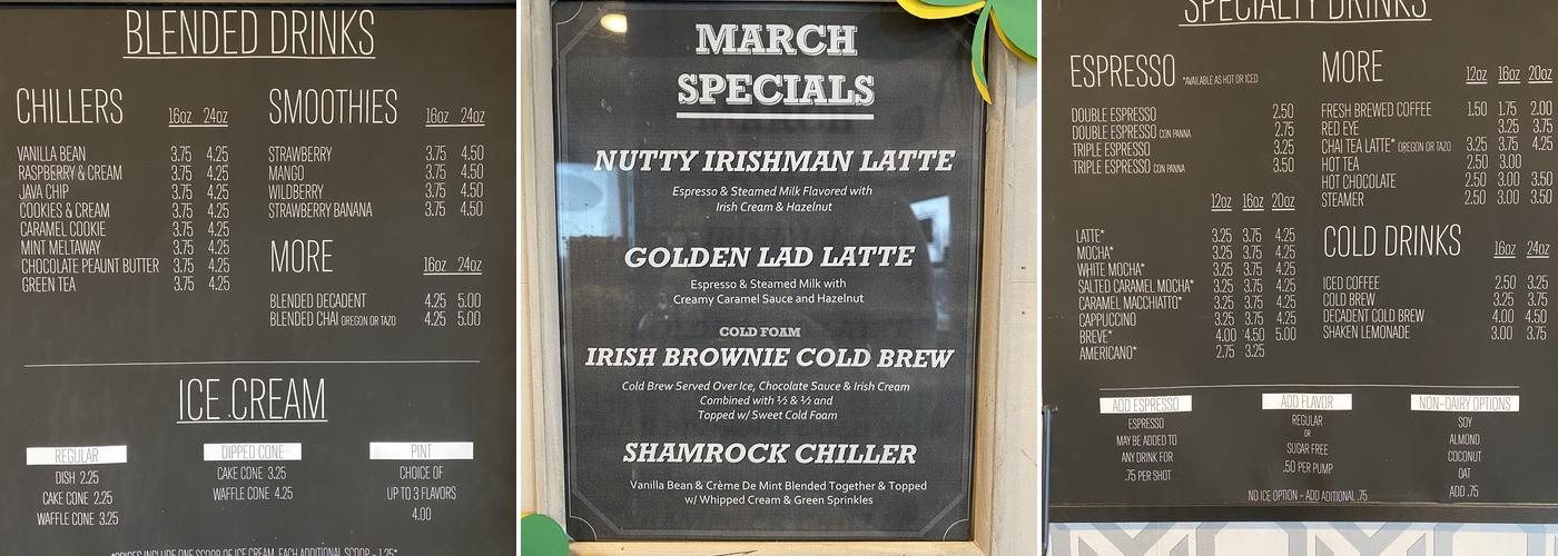 Kups Coffee and Ice Cream Menu