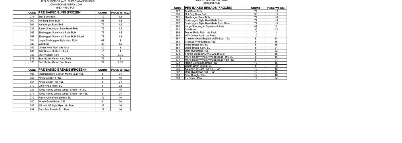 Johnston's Bakery Menu