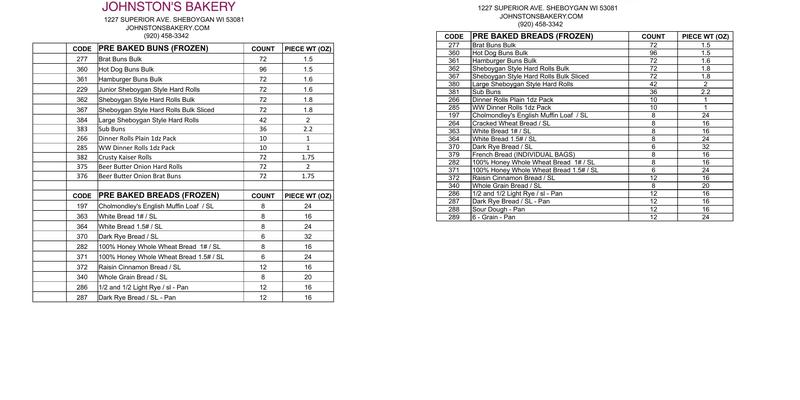 Johnston's Bakery Menu