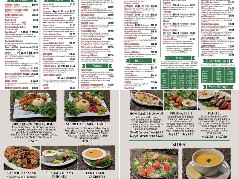 Sorrento's Italian/Mediterranean Cuisine Menu