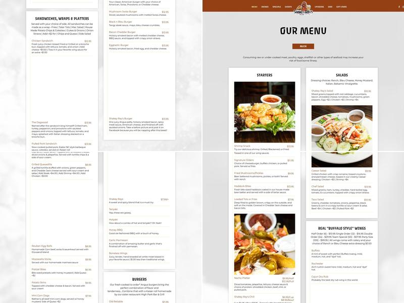 Shakey Ray's Tavern Menu