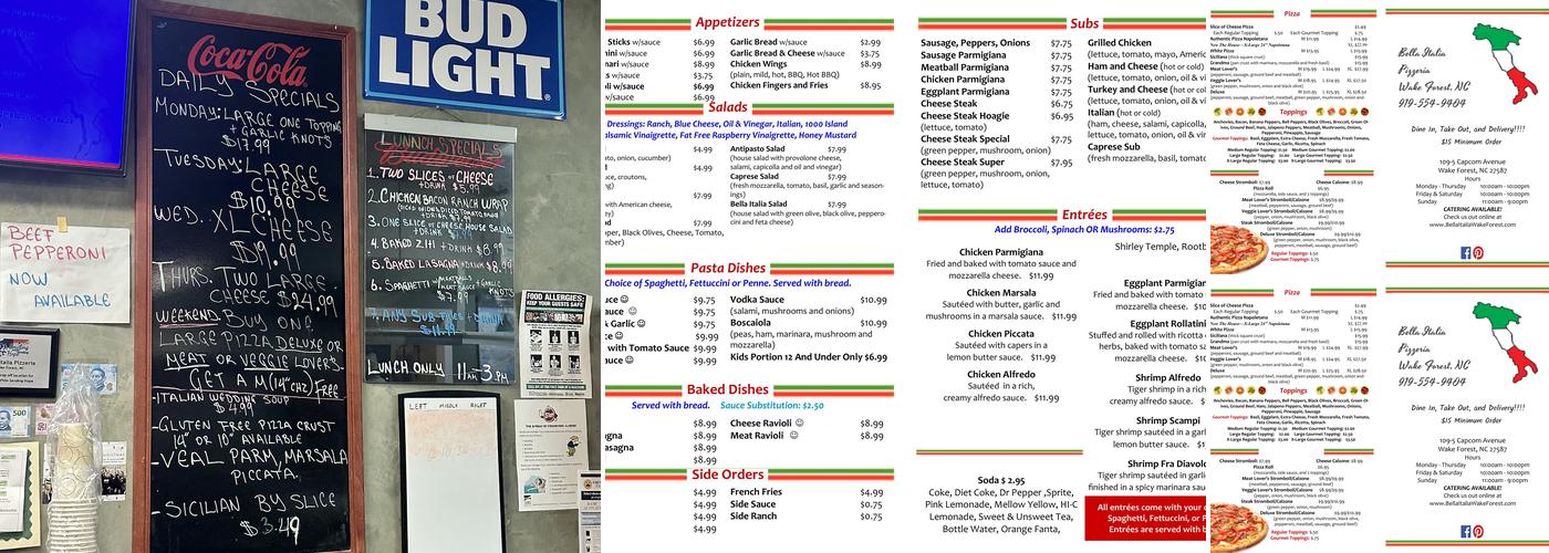 Bella Italia Pizzeria Menu