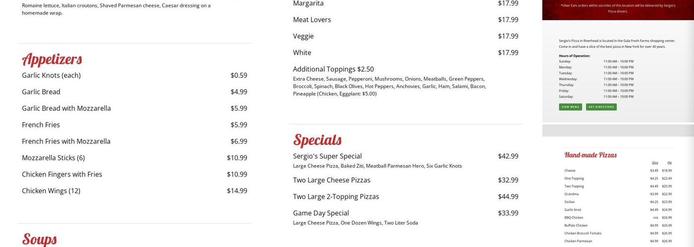 Sergio's Pizza Menu