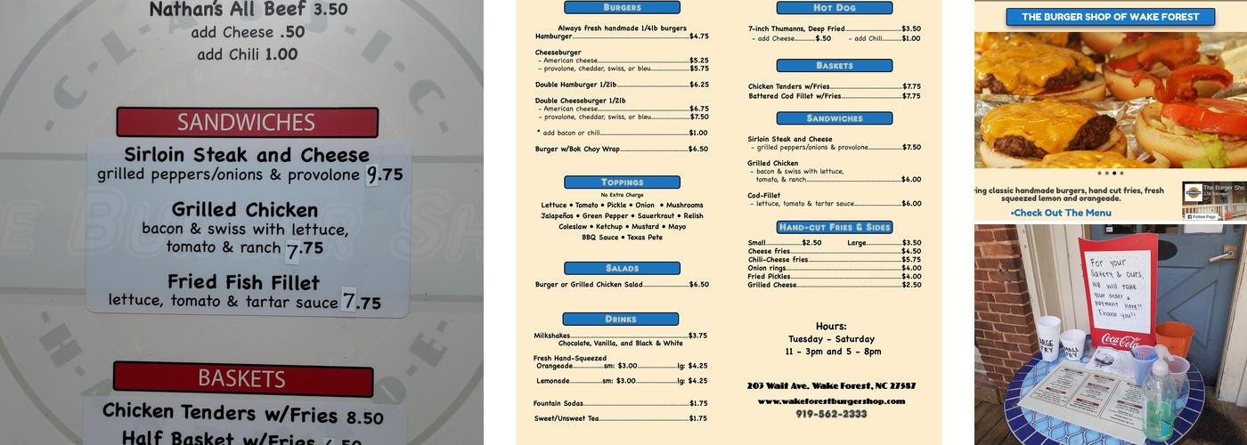 The burger shop. Menu