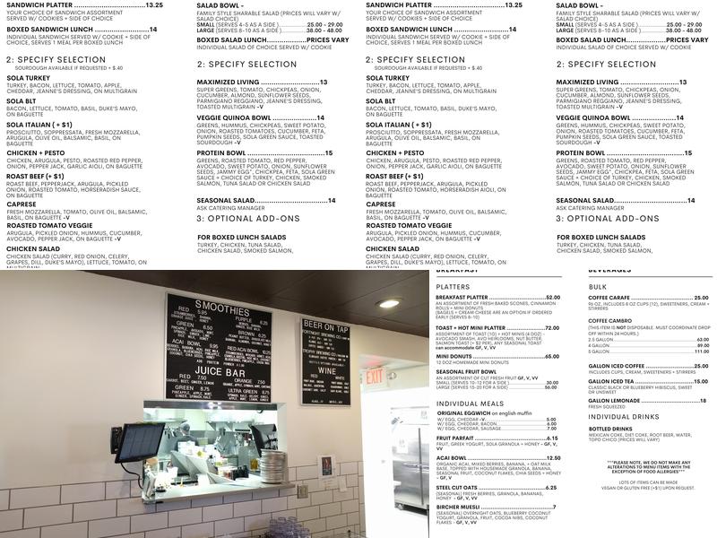 Sola Coffee Cafe Menu