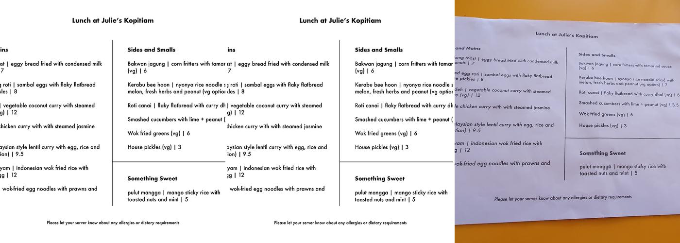 Julie's Kopitiam Menu