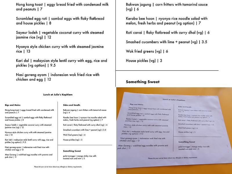 Julie's Kopitiam Menu