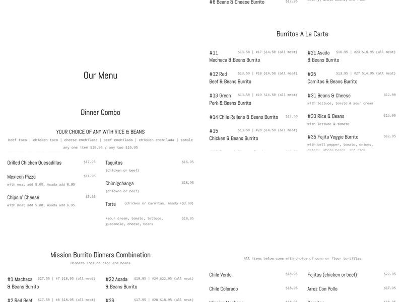 Mission Burrito Menu