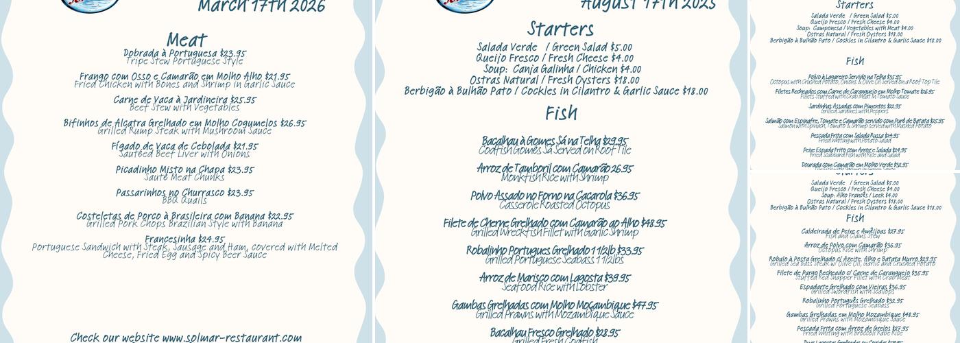 Sol-Mar Restaurant Menu