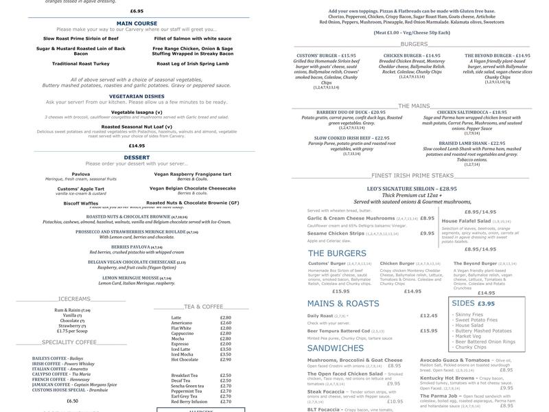 Customs House Boutique Bistro Menu