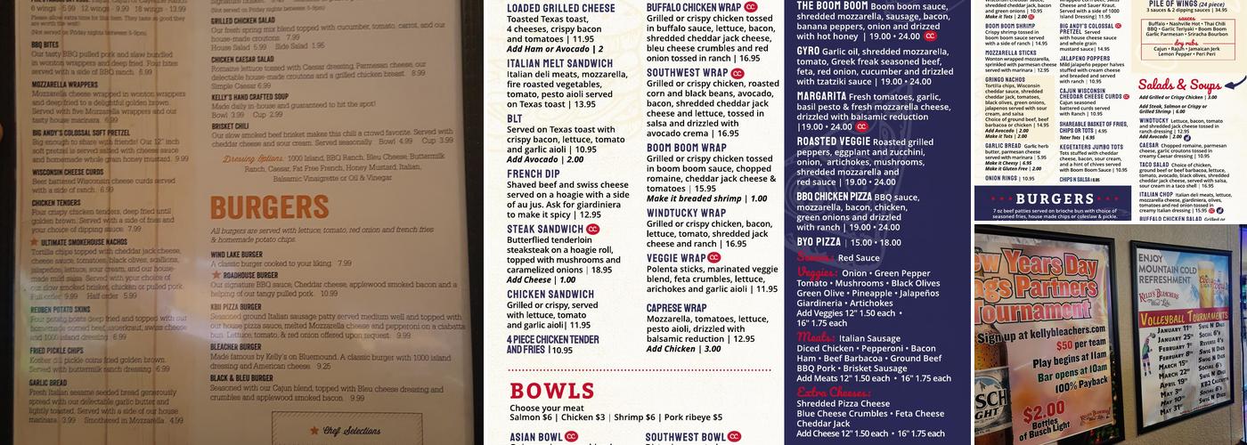 Kelly's Bleachers Wind Lake Menu