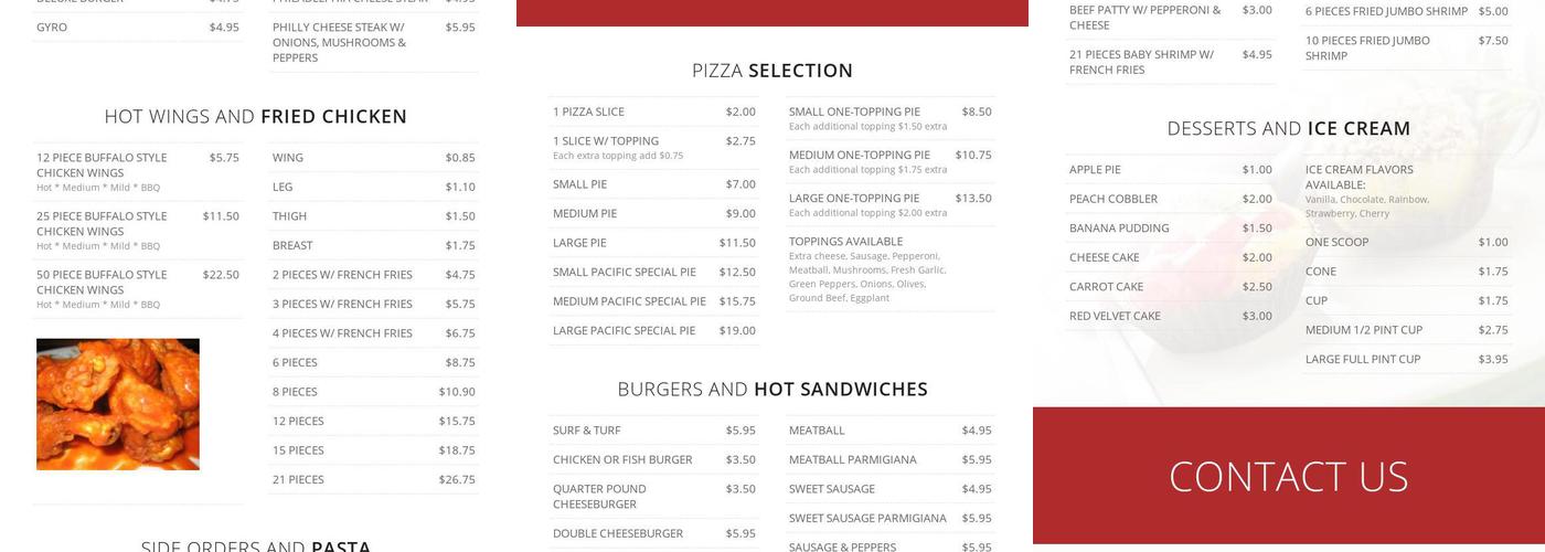 Pacific Pizza Menu