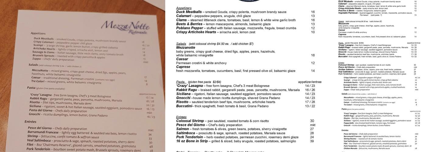 MezzaNotte Ristorante Menu