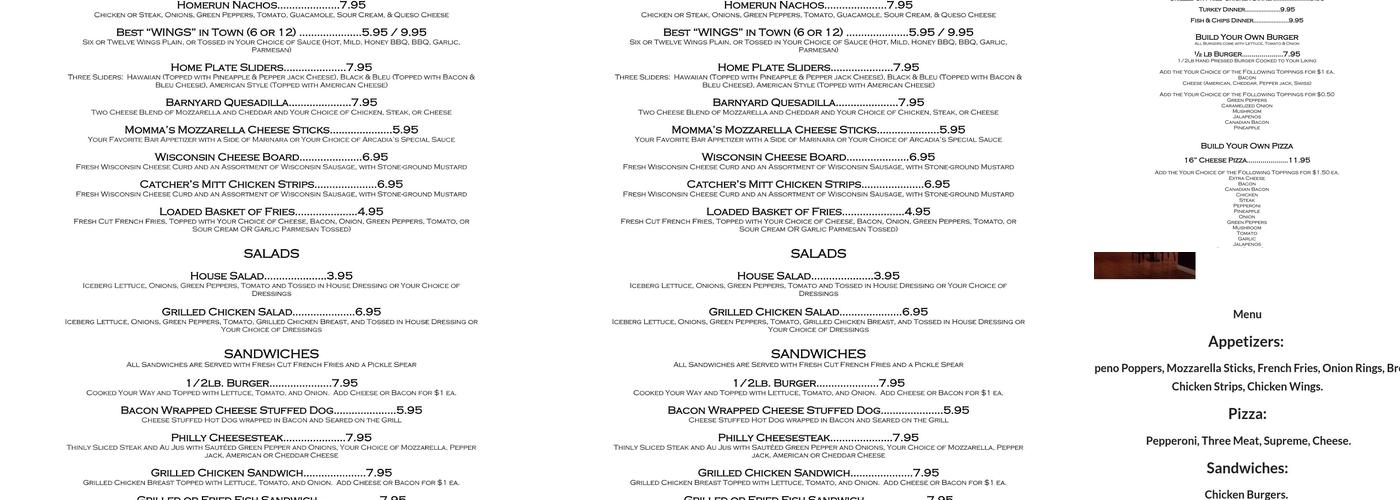 Arcadia Bar & Grill Menu