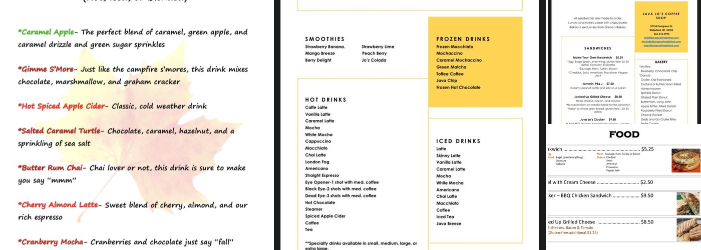 Java Jo'z Coffee Shop Menu